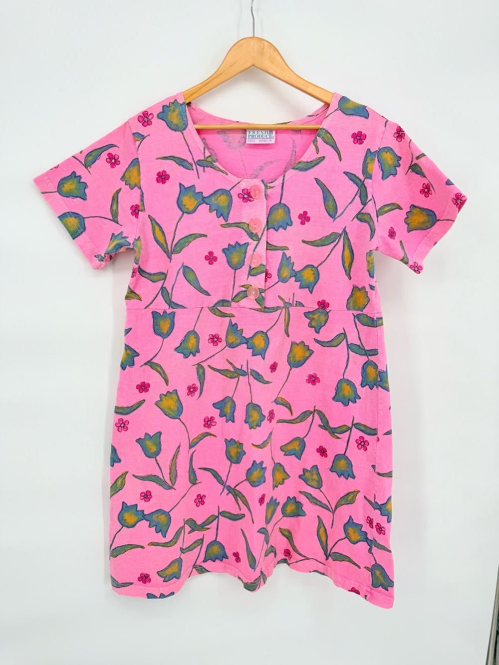 Fresh Produce Vintage 90s Dress XL Pink Floral Tulip 100% Cotton Knit US Coastal - Picture 2 of 14